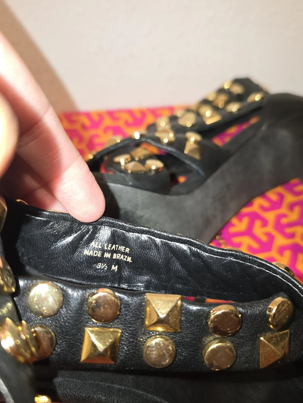 Tory Burch Black Leather Studded High Heel Sandals with Gold Accents